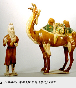 Tri-color glazed pottery camel and groom 8th century China (Tang Dynasty)